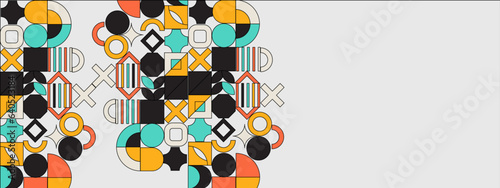 Abstract Geometric Pattern Artwork. Retro colors and color background. Grid with colored geometric shapes. Modern abstract promotional flyer, background, brochure, pattern.
