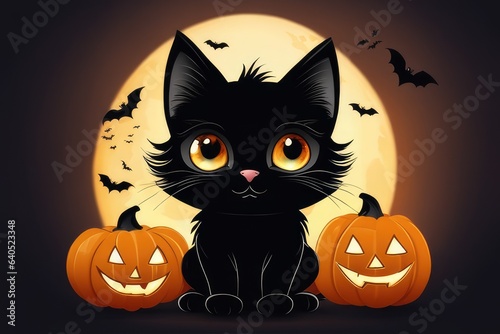 halloween background with black cat pumpkin and bats