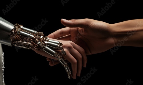 Photo of a human hand connecting with a robotic hand in a symbolic gesture of unity and collaboration