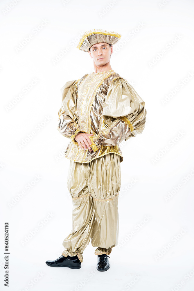 Prince in golden carnival costume isolated on white background