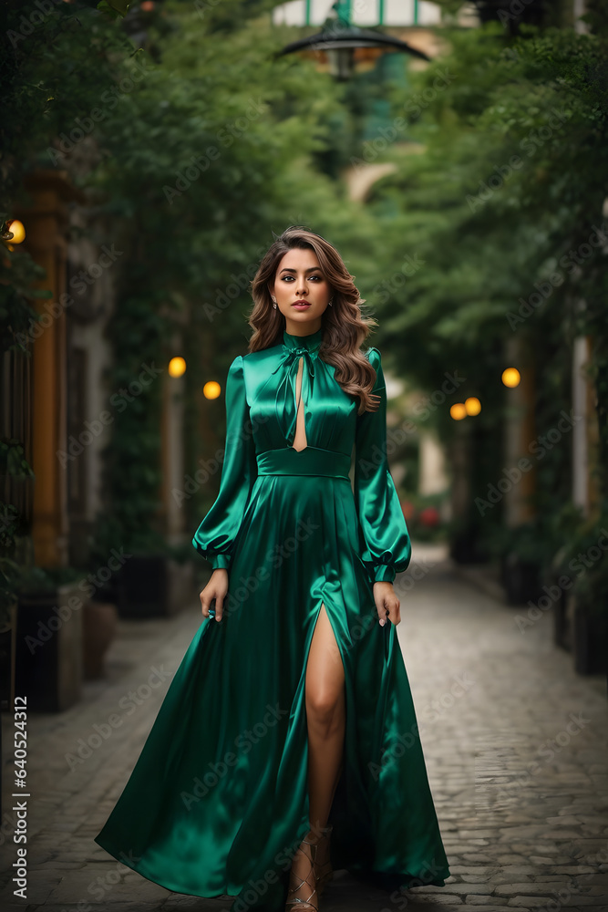 Gorgeous woman with beautiful symmetrical face and slim waist in green satin dress with lantern sleeve. Image created using artificial intelligence.