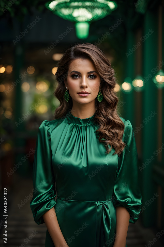 Gorgeous woman with beautiful symmetrical face and slim waist in green satin dress with lantern sleeve. Image created using artificial intelligence. Gorgeous woman with beautiful symmetrical face and slim waist in green satin dress with lantern sleeve. Image created using artificial intelligence.