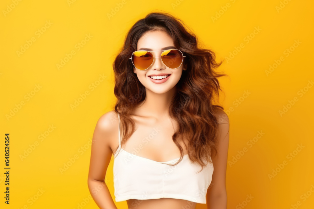 Beautiful Asian Woman Years Old In Beachwear Wearing Sunglasses On Yellow Background. Сoncept Beauty Of Asian Women, Beachwear Fashion Trends, Sunglasses As An Accessory, Colourful Backgrounds Beautiful Asian Woman Years Old In Beachwear Wearing Sunglasses On Yellow Background. Сoncept Beauty Of Asian Women, Beachwear Fashion Trends, Sunglasses As An Accessory, Colourful Backgrounds