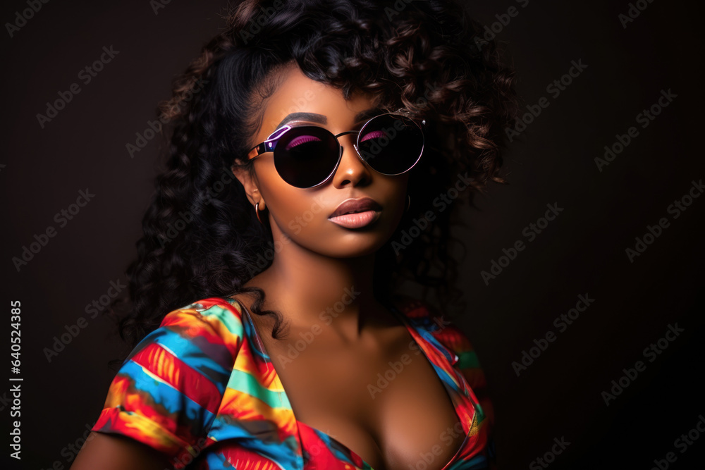 Woman Wearing Sunglasses And Colorful Shirt. Сoncept Woman Fashion, Sunglasses Trends, Color Blocking, Summer Style