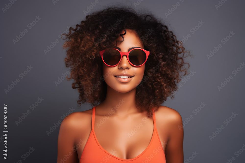 Woman Wearing Red Sunglasses And An Orange Tank Top. Сoncept Stylish Summer Outfit Ideas, Celebrating Individuality With Fashion, Womens Accessory Trends, The Power Of Color In Wardrobe