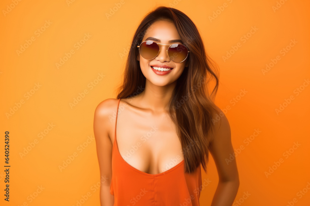 Beautiful Asian Woman Years Old In Beachwear Wearing Sunglasses On Orange Background. Сoncept Beauty Of Asian Woman, Fashion Trends For Beachwear, Sunglasses Styles, Orange As Background Color Beautiful Asian Woman Years Old In Beachwear Wearing Sunglasses On Orange Background. Сoncept Beauty Of Asian Woman, Fashion Trends For Beachwear, Sunglasses Styles, Orange As Background Color