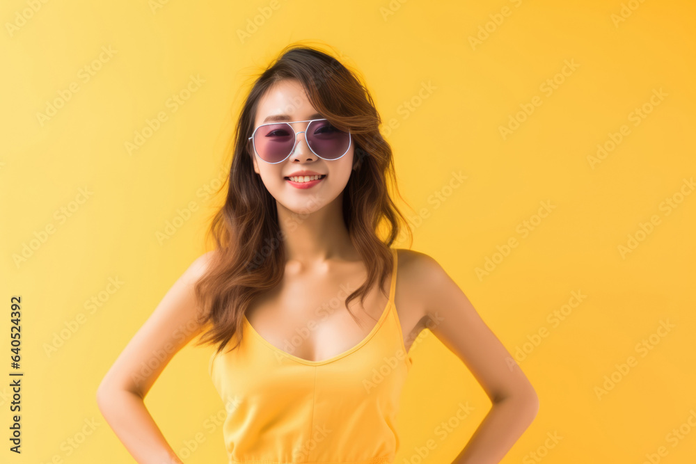 Beautiful Asian Woman Years Old In Beachwear Wearing Sunglasses On Yellow Background. Сoncept Asian Beauty, Beachwear Fashion, Sunglasses, Yellow Background