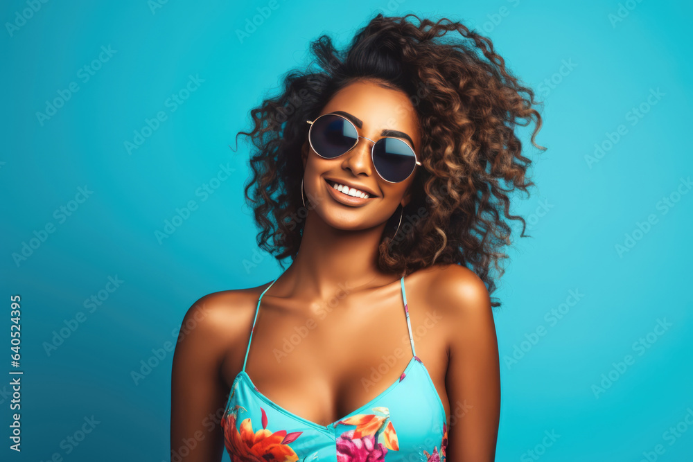 Woman Wearing Blue Bikini Top And Sunglasses. Сoncept Beach Style Fashion, Summer Trends For Women, Protective Eyewear, Sunscreen Essentials