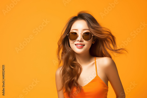 Beautiful Korean Woman Years Old In Beachwear Wearing Sunglasses On Orange Background. Сoncept Beauty Of Korean Woman, Fashionista Beachwear, Style Statement Sunglasses