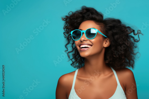 Beautiful Black Woman Years Old In Beachwear Wearing Sunglasses On Blue Background
