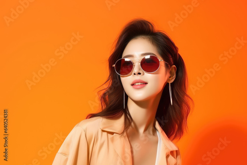 Beautiful Korean Woman Years Old In Beachwear Wearing Sunglasses On Orange Background. Сoncept Koreanbeauty, Beachwear, Sunglasses, Orangebackground photo
