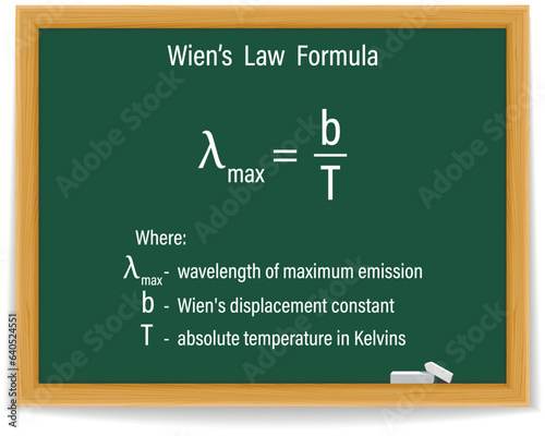 Wien’s  Law  Formula on a green chalkboard. Education. Science. Formula. Vector illustration.