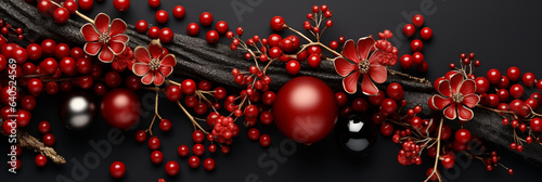 Rote Beeren und goldene Weihnachtskugeln Nahaufnahme als Banner im Querformat, ai generativ