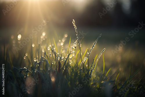 Green grass with dew drops . Summer sunny and foggy meadow in the mornung. Generative Ai