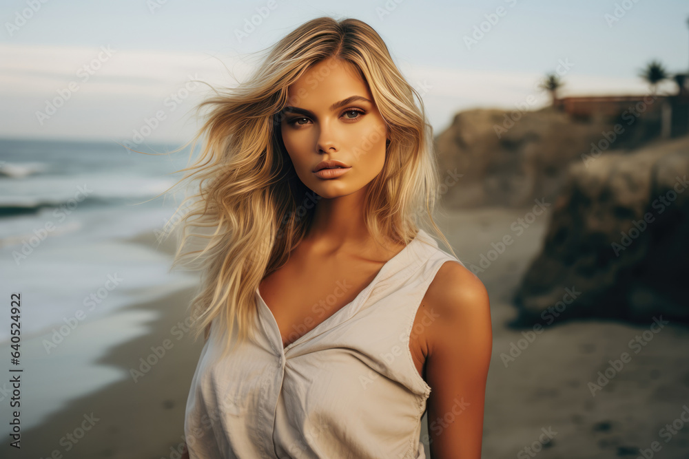 A Woman Standing On A Beach Next To The Ocean. Сoncept Feminine Strength, The Power Of Nature, Feeling Free, Finding Adventure A Woman Standing On A Beach Next To The Ocean. Сoncept Feminine Strength, The Power Of Nature, Feeling Free, Finding Adventure