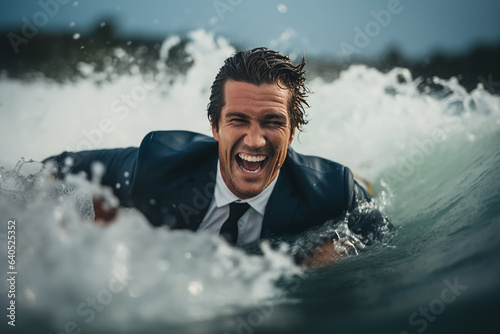 Mixed Expression of Man surfing on the ocean