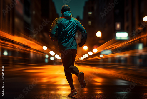 Illustration of man jogging during nighttime in city  