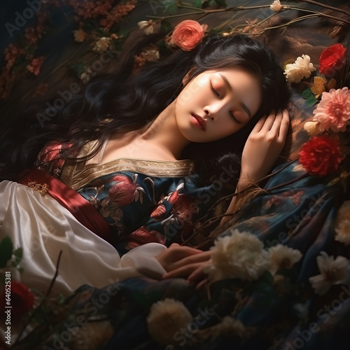 Beautiful woman sleeping flower around her. Closeup shot 