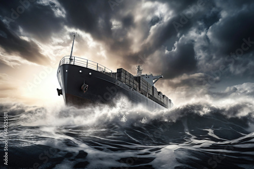 A cargo or fishing ship is caught in a severe storm. Ship at sea on big waves. The threat of shipwreck. Element in the ocean. The hard work of a sailor.