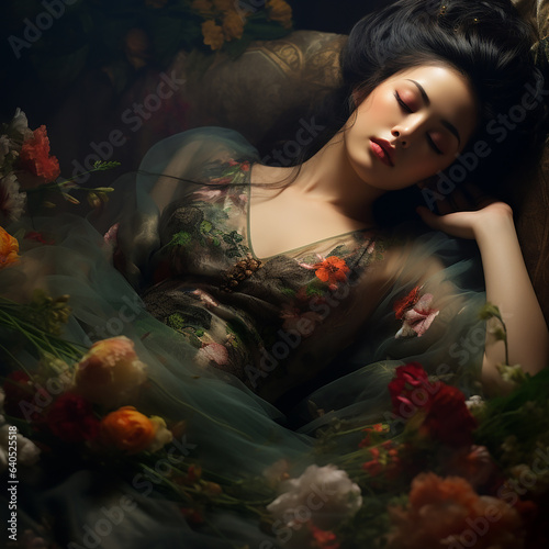 Beautiful woman sleeping flower around her. Closeup shot 