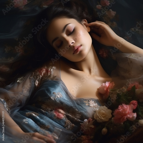Beautiful woman sleeping flower around her. Closeup shot 
