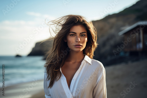 Confident Young Woman Model By The Sea . Сoncept Women Empowerment, Shot On Location, Beach Fashion, Style And Confidence © Anastasiia