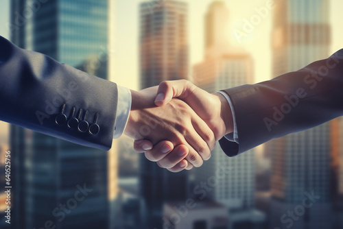 Businessmen shaking hands on abstract city background. teamwork concept. Closing a business deal. Confirmation of the contract with a handshake.