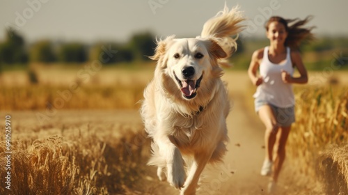 Golden retriever dog is running with the owner, a happy, smile woman happily in the morning sunrise. 