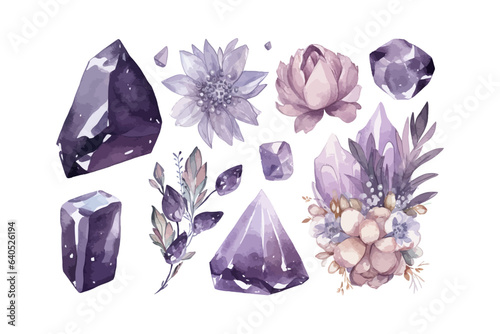 Crystals and flowers watercolor. Vector illustration desing.