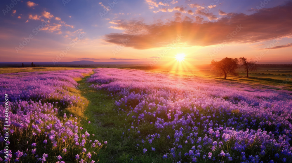 Beautiful rural landscape with blooming purple flowers