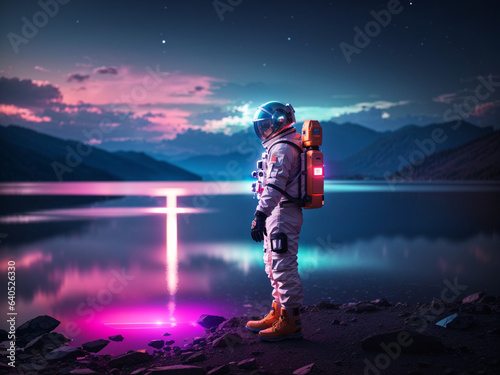 Astronaut stands on the shore of a lake