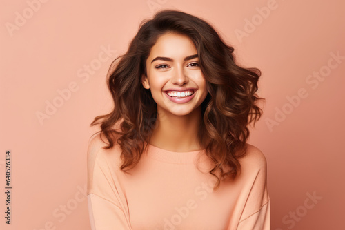 Cheerful Young Woman Model On Pastel Background. Сoncept Cheerful Young Women, Modeling, Pastel Backgrounds, Confidence Selfcare © Anastasiia