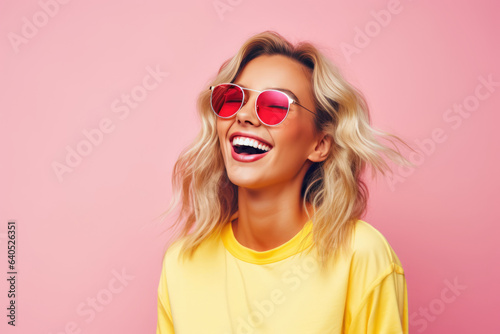 A Woman Wearing Red Sunglasses And A Yellow Shirt. Сoncept Trendy Accessories, Spring Style, Color Combos, Womens Fashion