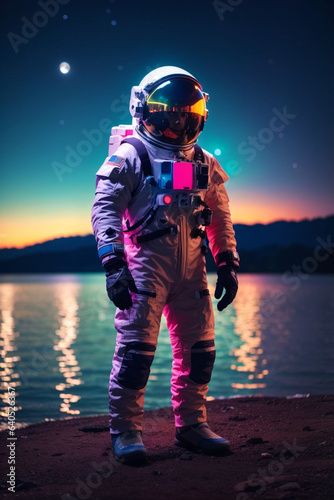 Astronaut stands on the shore of a lake © Graphic Ledger