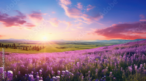 Beautiful rural landscape with blooming purple flowers