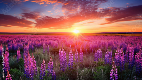 Beautiful rural landscape with blooming purple flowers