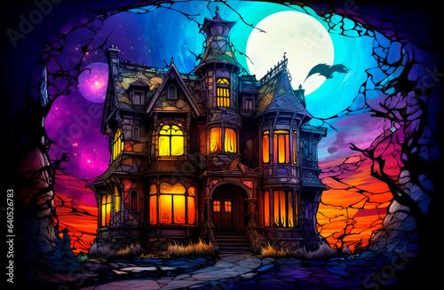 Haunted house in the style of stained glass effect. Multicolored and spooky