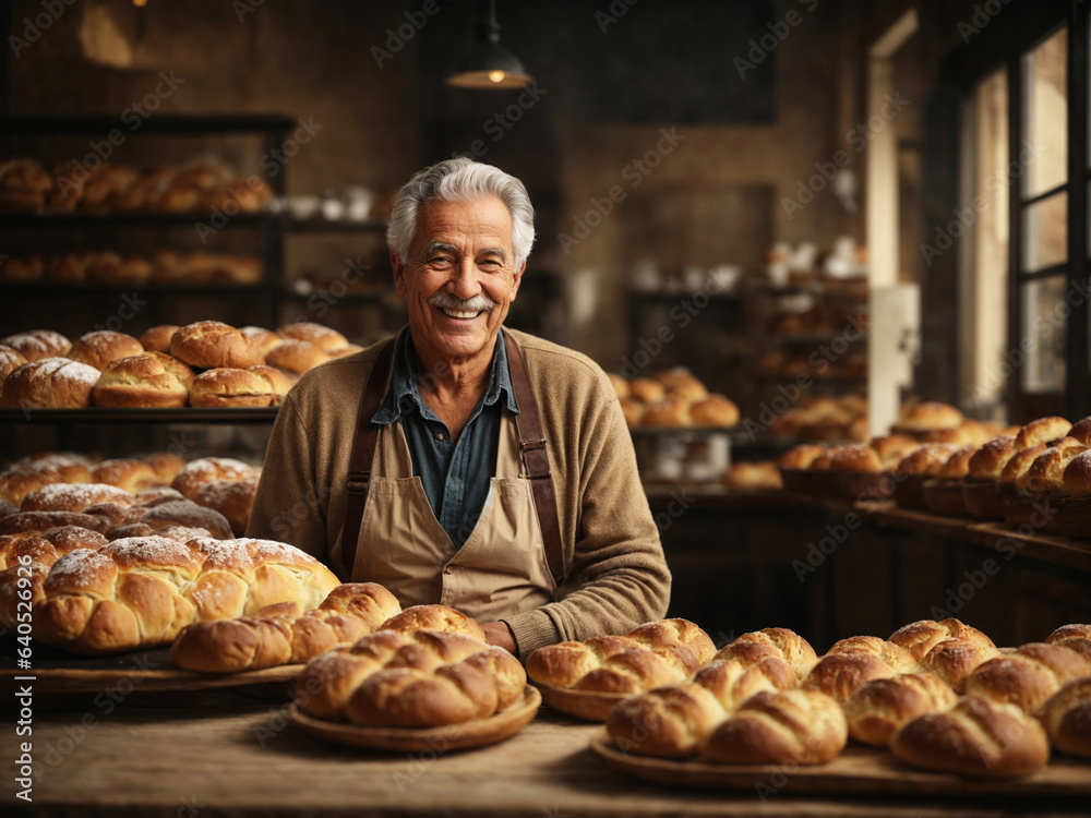 Smiling baker with bread in a bakery
