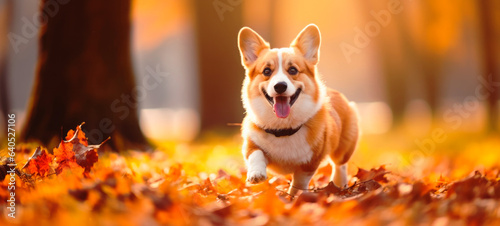 Happy Corgi dog on Autumn nature background. Banner with yellow fall leaves