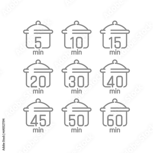 Cooking time and pot line icon set. Cook for 5, 20 minutes vector icons.