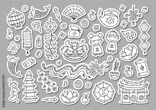 Chinese new year Holiday sticker pack. Icons set, outline colouring style. Tr...