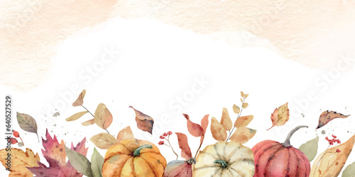 Watercolor vector autumn border with colorful pumpkins and foliage.