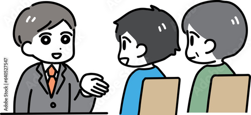 スーツの男性と笑顔で話す父と子