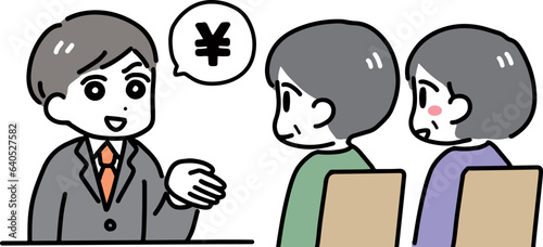 お金の話をする怪しい営業マンとシニア夫婦(上半身)