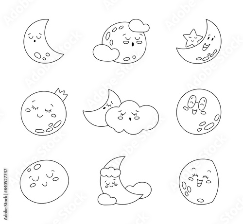 Moon cute kawaii character. Coloring Page. Dream space night sky. Vector drawing. Collection of design elements.