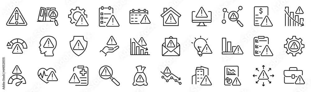 Set of 30 outline icons related to risk, warning, alarm. Linear icon ...