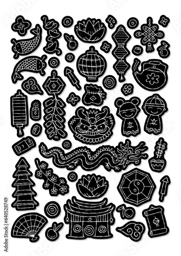 Chinese new year Holiday sticker pack. Icons set. Traditional design elements...