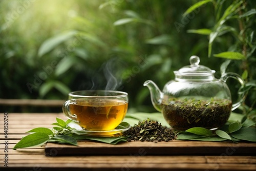 Green tea leaves and teapot on wooden table with nature background
