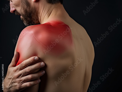 Shoulder bone muscle and nerve sore pain, man holding injured shoulder joint highlighted arthritis trauma zone.