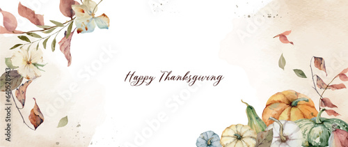 Watercolor vector autumn banner with colorful pumpkins and foliage.